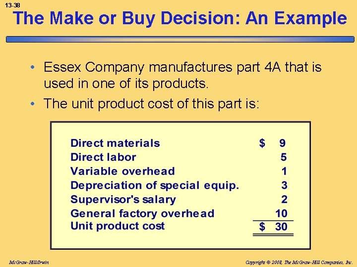 13 -38 The Make or Buy Decision: An Example • Essex Company manufactures part