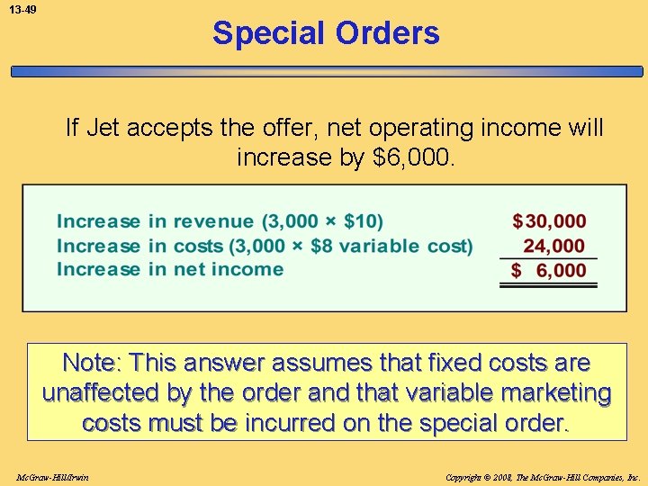 13 -49 Special Orders If Jet accepts the offer, net operating income will increase