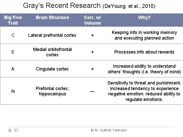 Gray’s Recent Research (De. Young et al. , 2010) Big Five Trait Brain Structure