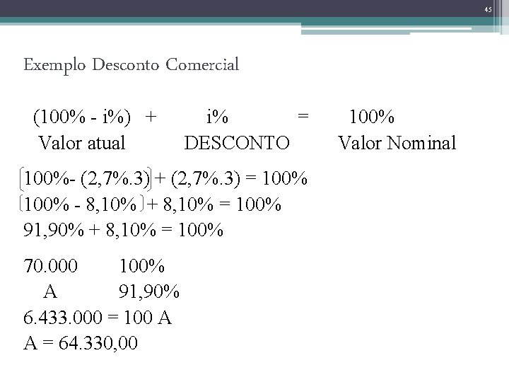 45 Exemplo Desconto Comercial (100% - i%) + Valor atual i% = DESCONTO 100%-