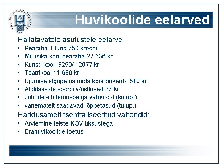 Huvikoolide eelarved Hallatavatele asutustele eelarve • • Pearaha 1 tund 750 krooni Muusika kool