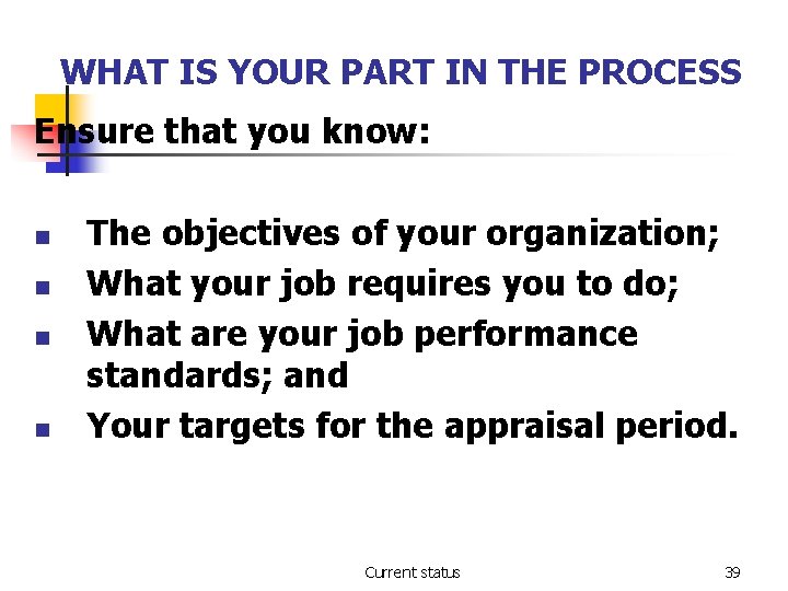 WHAT IS YOUR PART IN THE PROCESS Ensure that you know: n n The