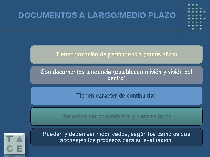 DOCUMENTOS A LARGO/MEDIO PLAZO Tienen vocación de permanencia (varios años) Son documentos tendencia (establecen