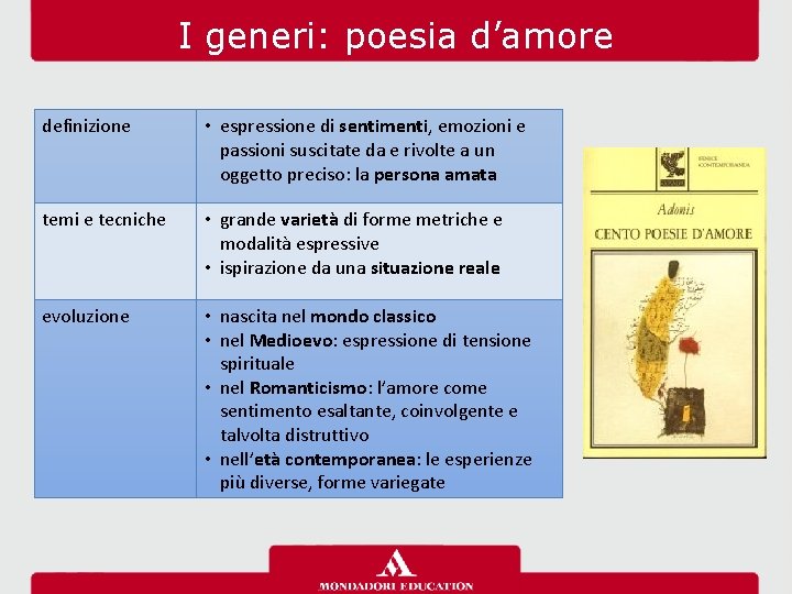 I generi: poesia d’amore definizione • espressione di sentimenti, emozioni e passioni suscitate da