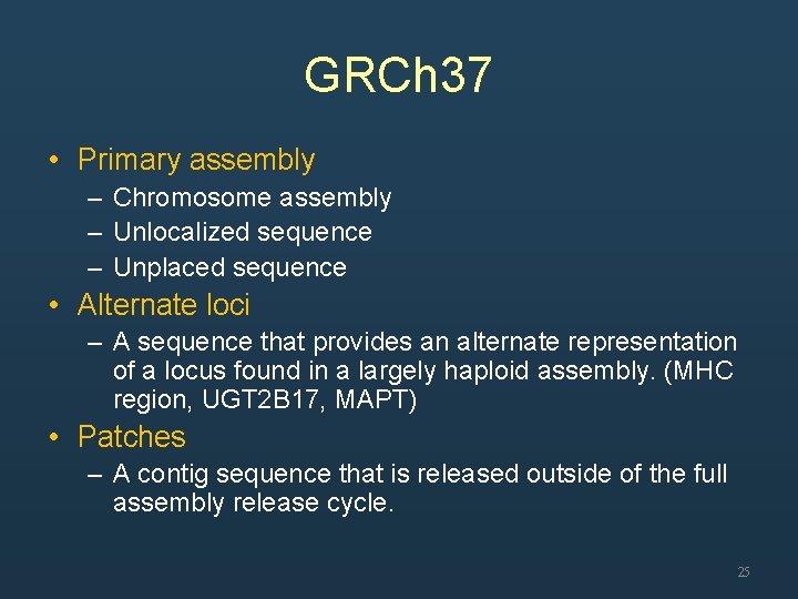 GRCh 37 • Primary assembly – Chromosome assembly – Unlocalized sequence – Unplaced sequence