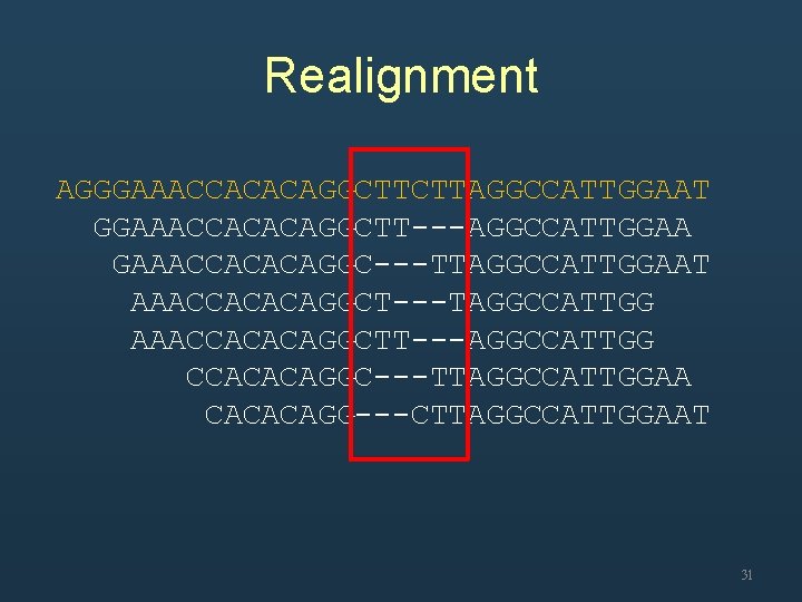 Realignment AGGGAAACCACACAGGCTTCTTAGGCCATTGGAAT GGAAACCACACAGGCTT---AGGCCATTGGAA GAAACCACACAGGC---TTAGGCCATTGGAAT AAACCACACAGGCT---TAGGCCATTGG AAACCACACAGGCTT---AGGCCATTGG CCACACAGGC---TTAGGCCATTGGAA CACACAGG---CTTAGGCCATTGGAAT 31 