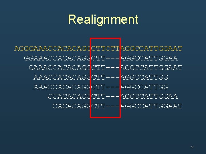 Realignment AGGGAAACCACACAGGCTTCTTAGGCCATTGGAAT GGAAACCACACAGGCTT---AGGCCATTGGAAT AAACCACACAGGCTT---AGGCCATTGGAA CACACAGGCTT---AGGCCATTGGAAT 32 