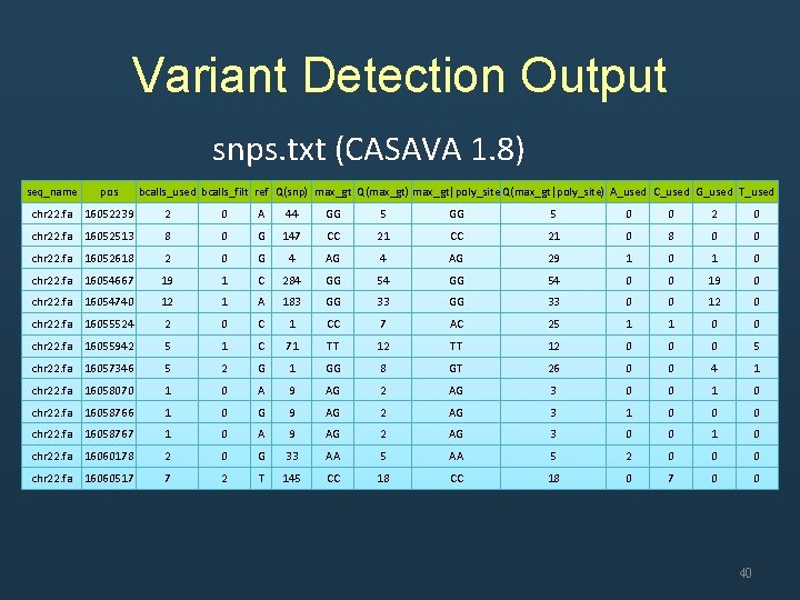 Variant Detection Output snps. txt (CASAVA 1. 8) seq_name pos bcalls_used bcalls_filt ref Q(snp)