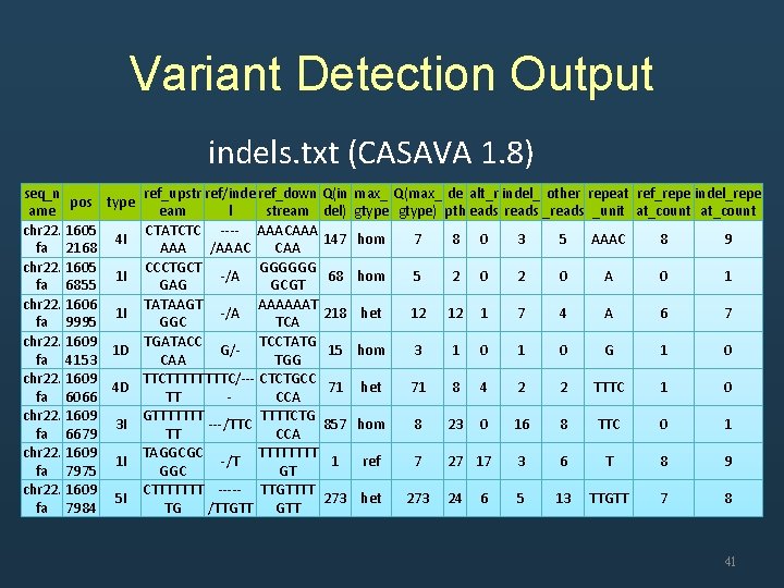 Variant Detection Output indels. txt (CASAVA 1. 8) seq_n ref_upstr ref/inde ref_down Q(in max_
