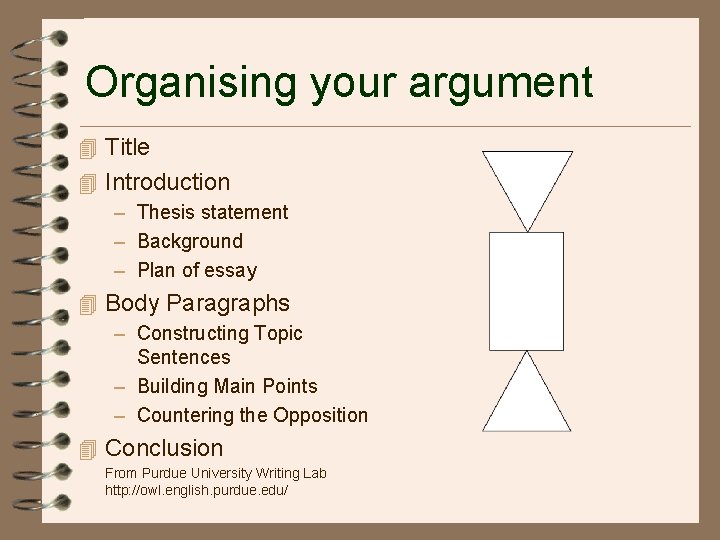 Organising your argument 4 Title 4 Introduction – Thesis statement – Background – Plan Organising your argument 4 Title 4 Introduction – Thesis statement – Background – Plan