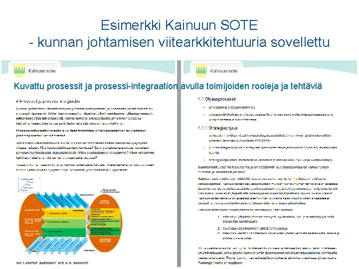 Esimerkki Kainuun SOTE - kunnan johtamisen viitearkkitehtuuria sovellettu Kuvattu prosessit ja prosessi-integraation avulla toimijoiden