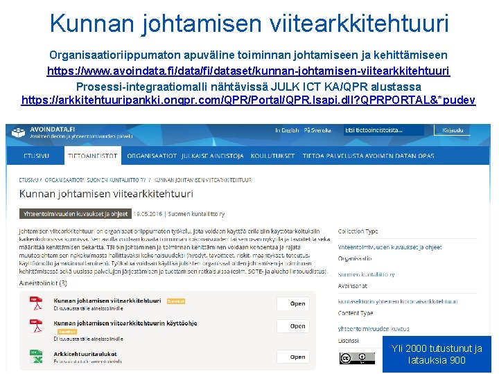 Kunnan johtamisen viitearkkitehtuuri Organisaatioriippumaton apuväline toiminnan johtamiseen ja kehittämiseen https: //www. avoindata. fi/data/fi/dataset/kunnan-johtamisen-viitearkkitehtuuri Prosessi-integraatiomalli