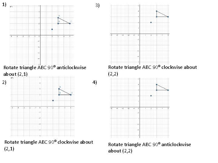 1) 3) Rotate triangle ABC 90⁰ clockwise about (2, 2) Rotate triangle ABC 90⁰