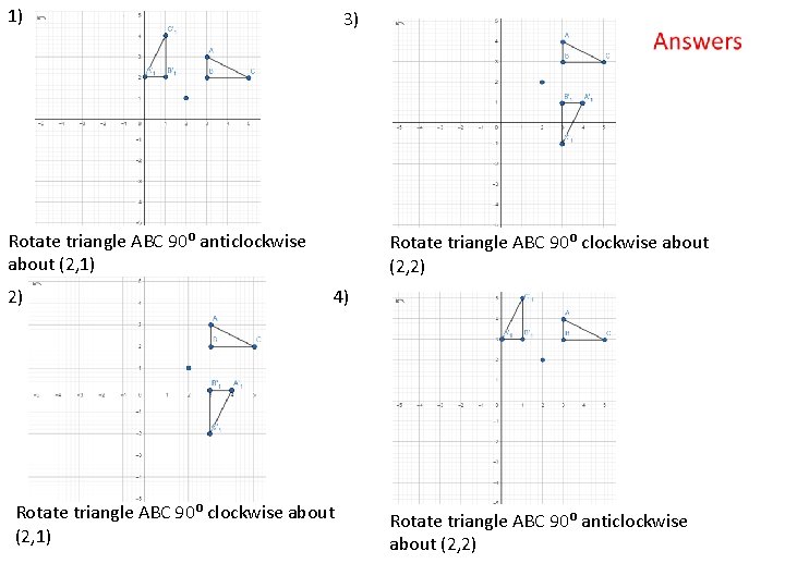 1) 3) Rotate triangle ABC 90⁰ anticlockwise about (2, 1) 2) Rotate triangle ABC