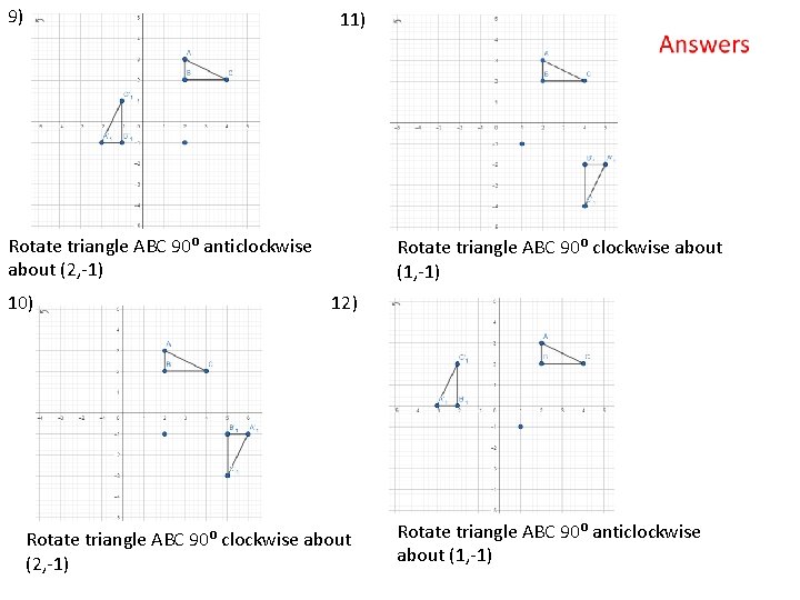 9) 11) Rotate triangle ABC 90⁰ anticlockwise about (2, -1) 10) Rotate triangle ABC
