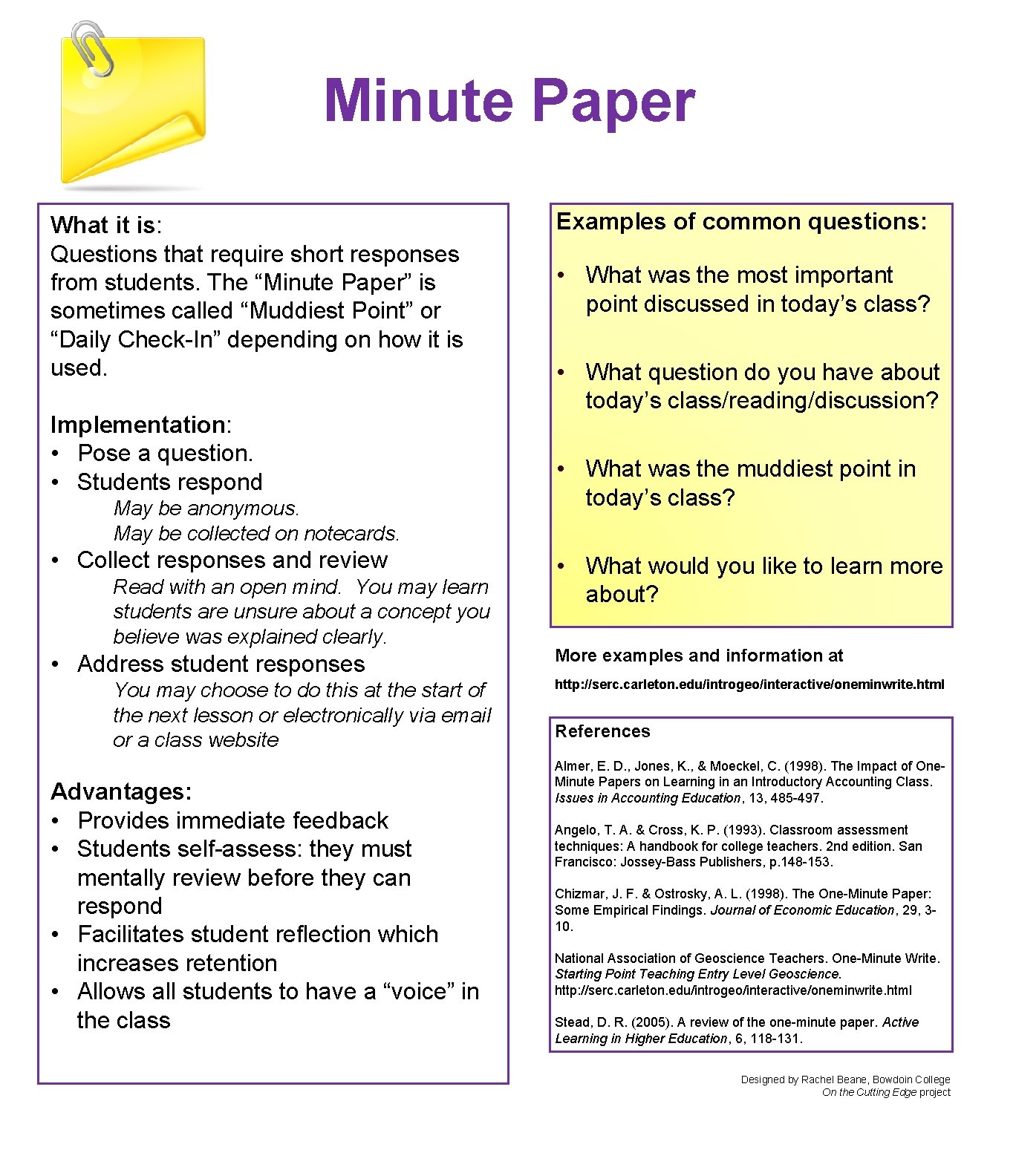Minute Paper What it is: Questions that require short responses from students. The “Minute