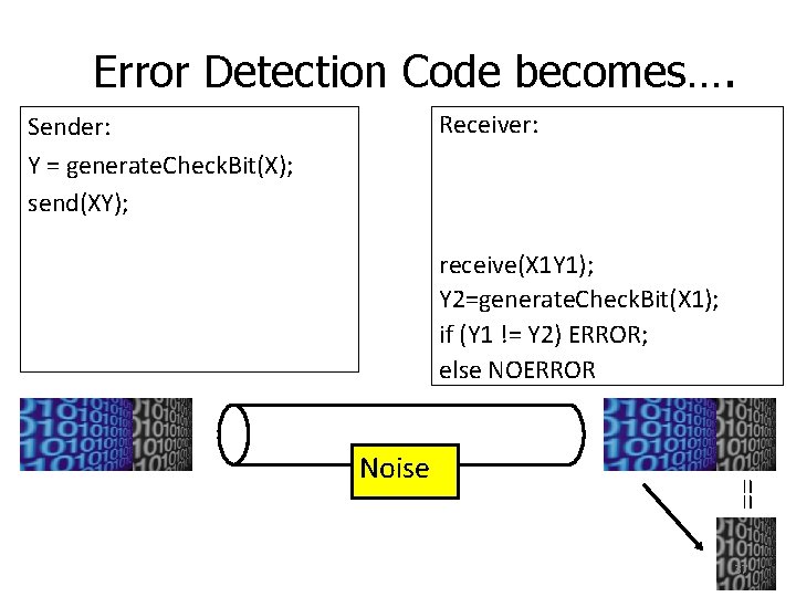 Error Detection Code becomes…. Receiver: Sender: Y = generate. Check. Bit(X); send(XY); Noise == Error Detection Code becomes…. Receiver: Sender: Y = generate. Check. Bit(X); send(XY); Noise ==