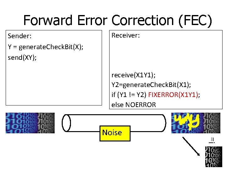 Forward Error Correction (FEC) Receiver: receive(X 1 Y 1); Y 2=generate. Check. Bit(X 1); Forward Error Correction (FEC) Receiver: receive(X 1 Y 1); Y 2=generate. Check. Bit(X 1);