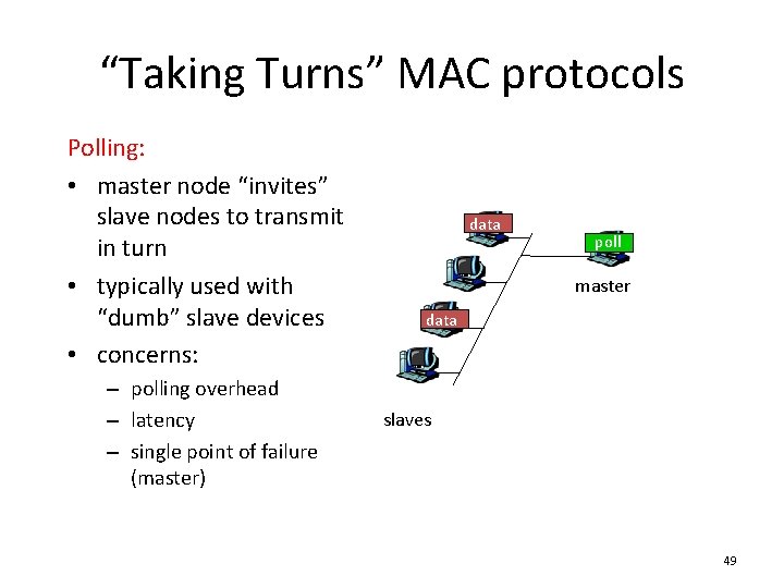 “Taking Turns” MAC protocols Polling: • master node “invites” slave nodes to transmit in “Taking Turns” MAC protocols Polling: • master node “invites” slave nodes to transmit in