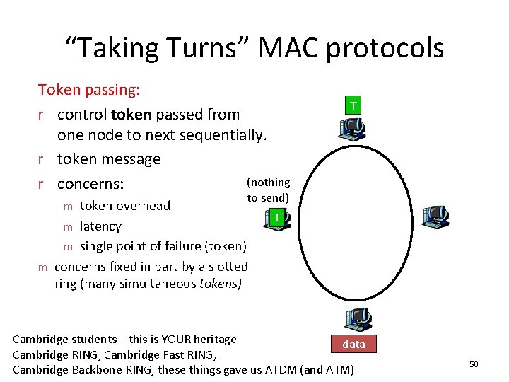 “Taking Turns” MAC protocols Token passing: r control token passed from one node to “Taking Turns” MAC protocols Token passing: r control token passed from one node to