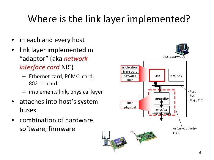 Where is the link layer implemented? • in each and every host • link Where is the link layer implemented? • in each and every host • link