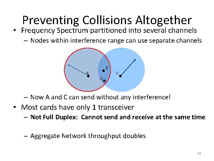 Preventing Collisions Altogether • Frequency Spectrum partitioned into several channels – Nodes within interference Preventing Collisions Altogether • Frequency Spectrum partitioned into several channels – Nodes within interference