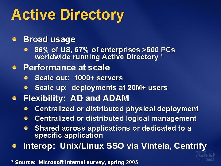 Active Directory Broad usage 86% of US, 57% of enterprises >500 PCs worldwide running