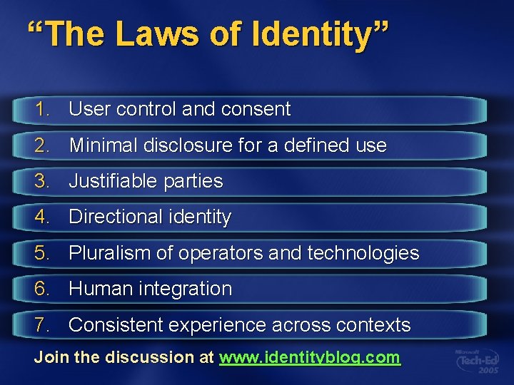 “The Laws of Identity” 1. User control and consent 2. Minimal disclosure for a