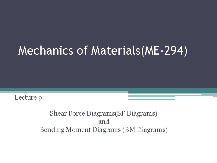 Mechanics of Materials(ME-294) Lecture 9: Shear Force Diagrams(SF Diagrams) and Bending Moment Diagrams (BM