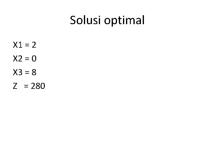Solusi optimal X 1 = 2 X 2 = 0 X 3 = 8