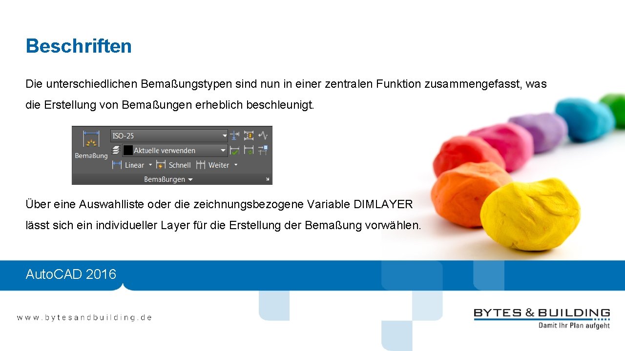 Beschriften Die unterschiedlichen Bemaßungstypen sind nun in einer zentralen Funktion zusammengefasst, was die Erstellung