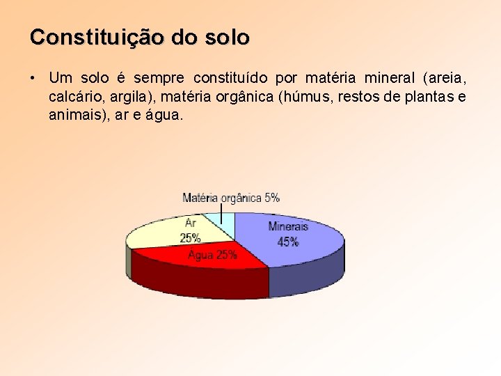 Constituição do solo • Um solo é sempre constituído por matéria mineral (areia, calcário,