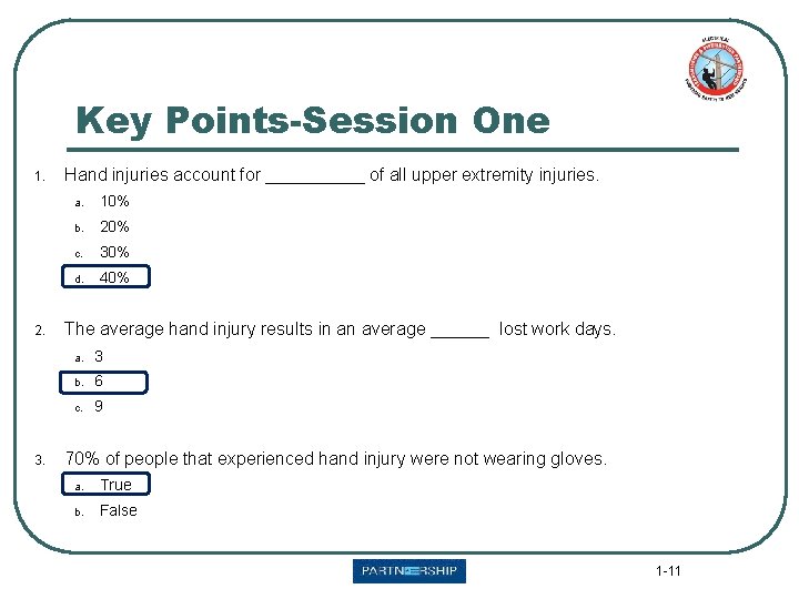 Key Points-Session One 1. 2. 3. Hand injuries account for _____ of all upper Key Points-Session One 1. 2. 3. Hand injuries account for _____ of all upper