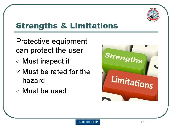 Strengths & Limitations Protective equipment can protect the user ü Must inspect it ü Strengths & Limitations Protective equipment can protect the user ü Must inspect it ü