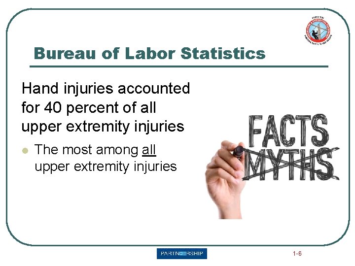 Bureau of Labor Statistics Hand injuries accounted for 40 percent of all upper extremity