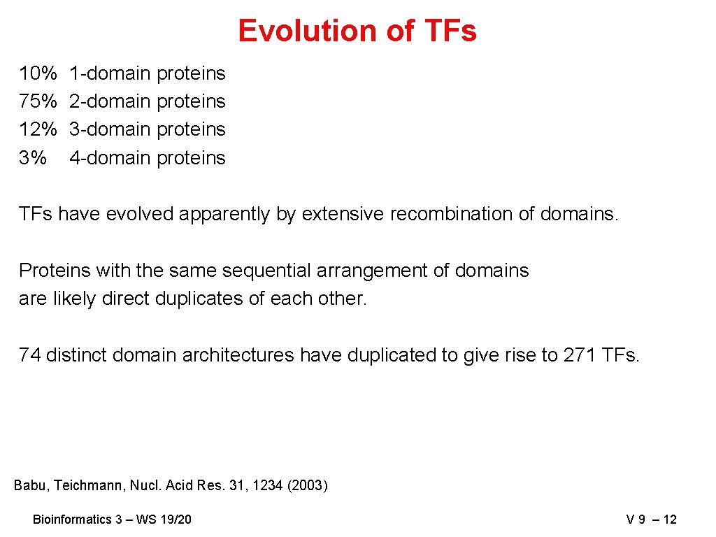 Evolution of TFs 10% 1 -domain proteins 75% 2 -domain proteins 12% 3 -domain