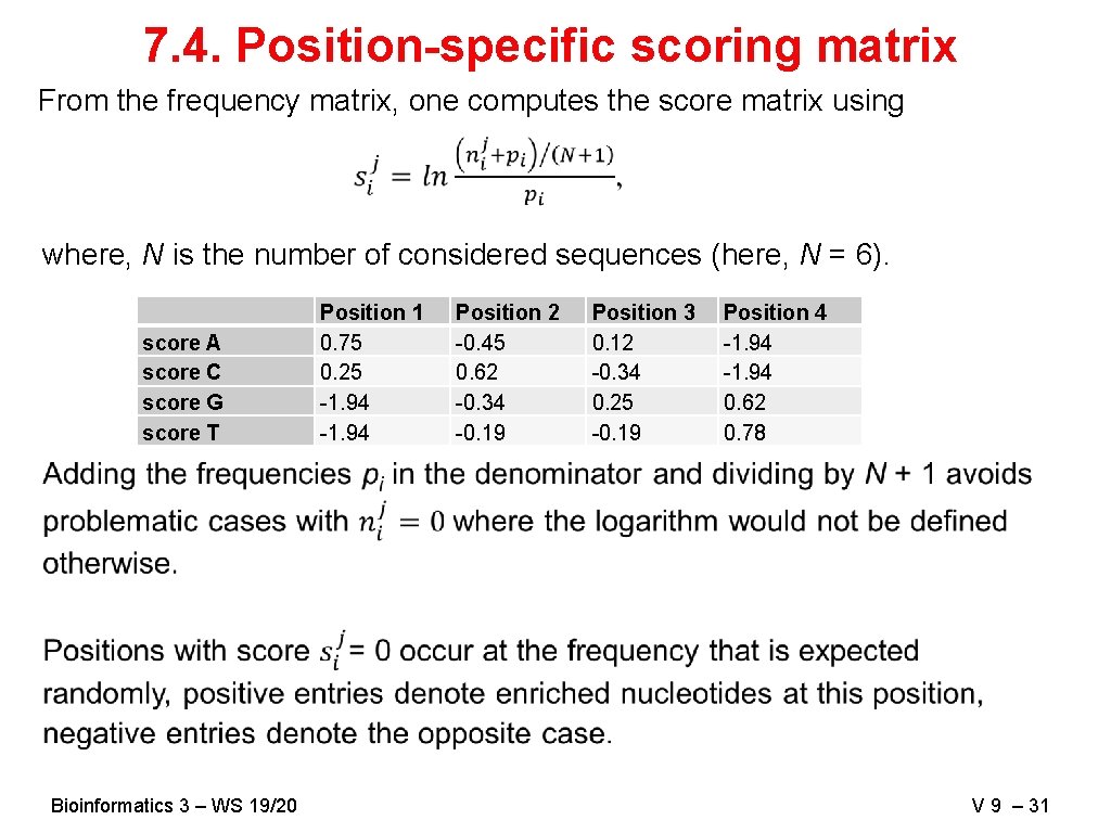 7. 4. Position-specific scoring matrix From the frequency matrix, one computes the score matrix