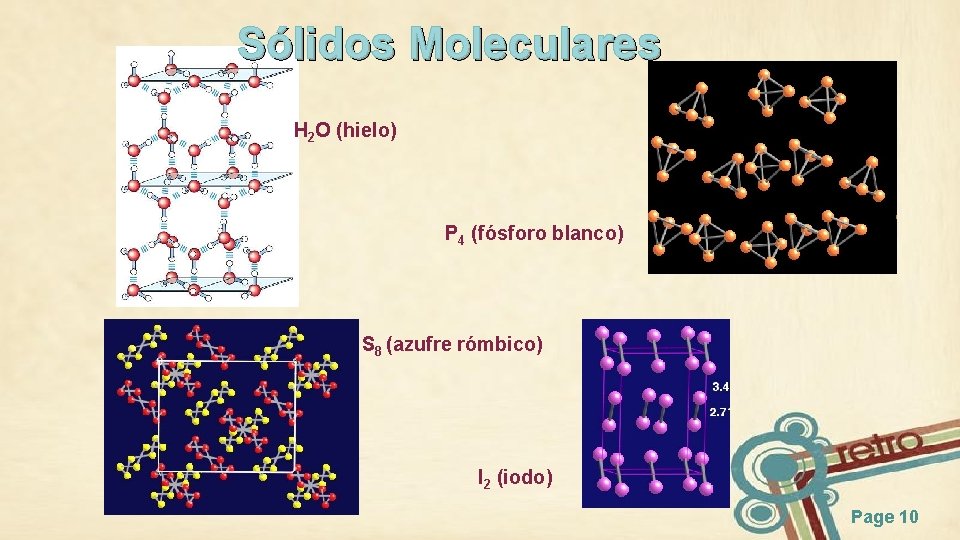 Sólidos Moleculares H 2 O (hielo) P 4 (fósforo blanco) S 8 (azufre rómbico)