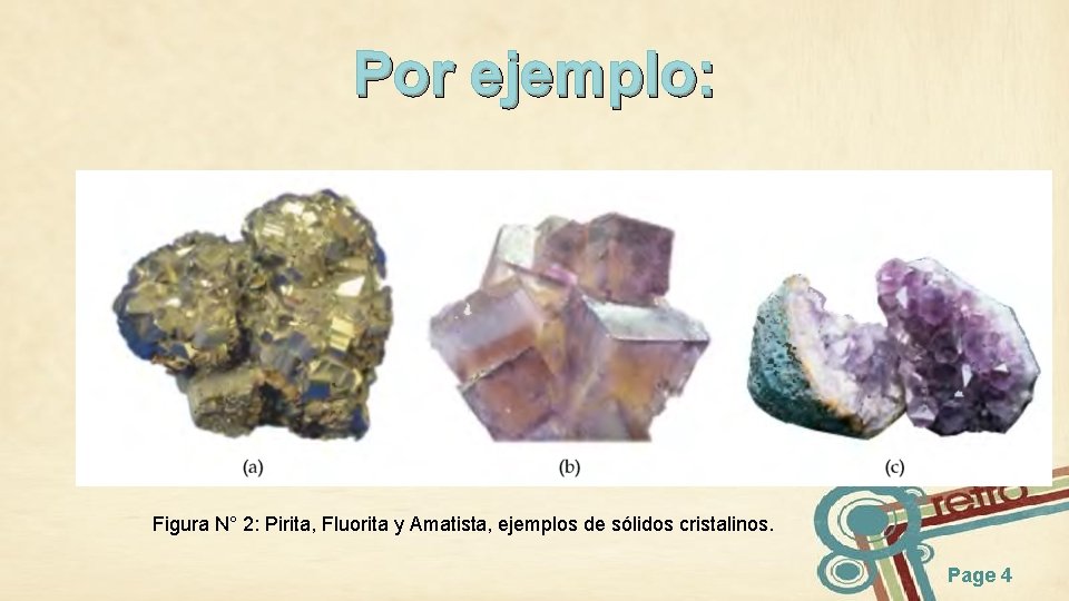 Por ejemplo: Figura N° 2: Pirita, Fluorita y Amatista, ejemplos de sólidos cristalinos. Page