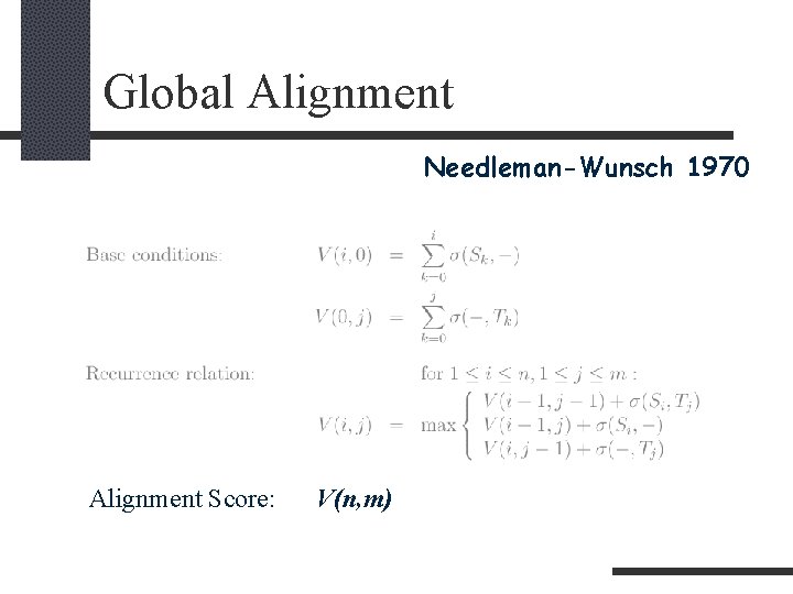 Global Alignment Needleman-Wunsch 1970 Alignment Score: V(n, m) 