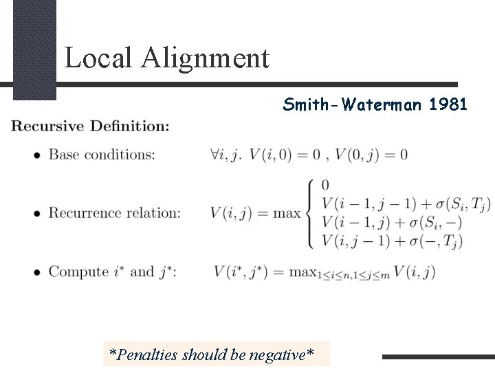 Local Alignment Smith-Waterman 1981 *Penalties should be negative* 