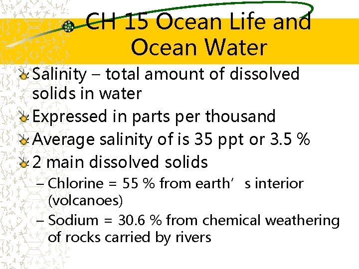 CH 15 Ocean Life and Ocean Water Salinity – total amount of dissolved solids