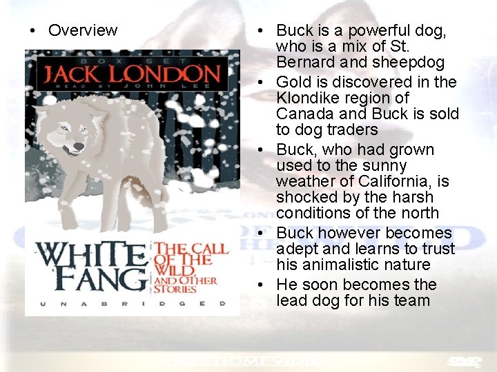  • Overview • Buck is a powerful dog, who is a mix of