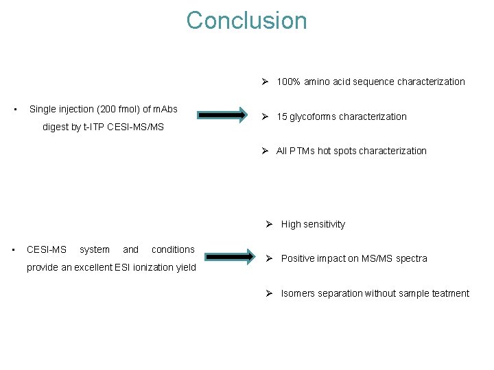 Conclusion 100% amino acid sequence characterization • Single injection (200 fmol) of m. Abs