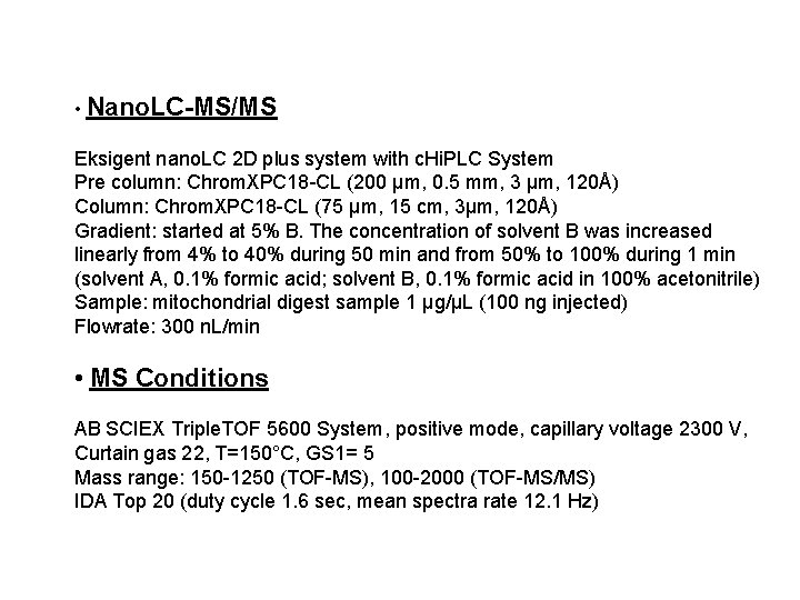 Experimental Conditions • Nano. LC-MS/MS Eksigent nano. LC 2 D plus system with c.