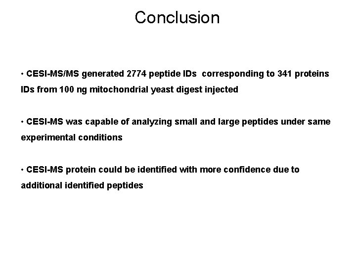 Conclusion • CESI-MS/MS generated 2774 peptide IDs corresponding to 341 proteins IDs from 100