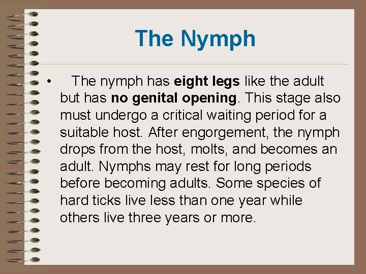 The Nymph • The nymph has eight legs like the adult but has no The Nymph • The nymph has eight legs like the adult but has no