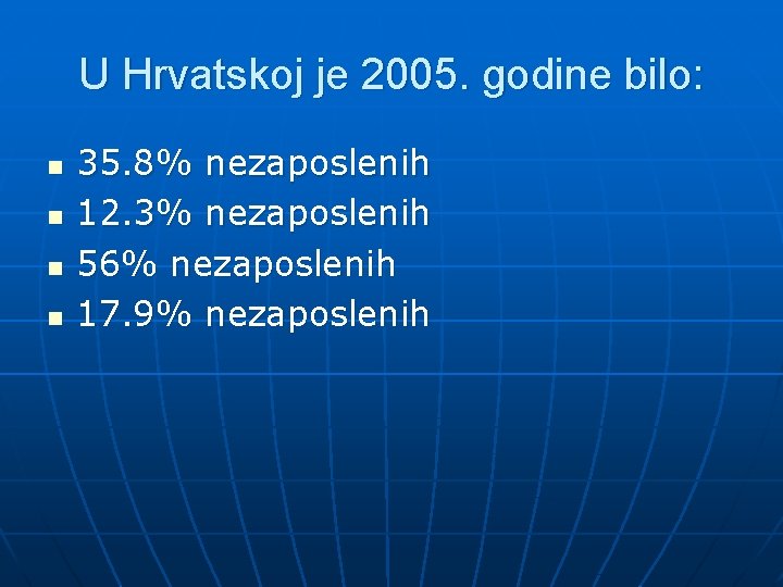U Hrvatskoj je 2005. godine bilo: n n 35. 8% nezaposlenih 12. 3% nezaposlenih