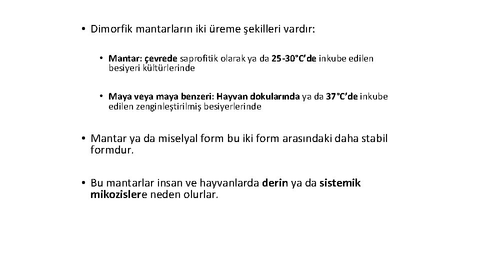  • Dimorfik mantarların iki üreme şekilleri vardır: • Mantar: çevrede saprofitik olarak ya