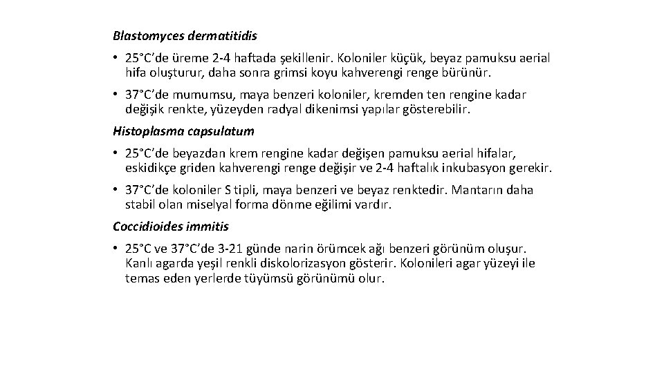 Blastomyces dermatitidis • 25°C’de üreme 2 -4 haftada şekillenir. Koloniler küçük, beyaz pamuksu aerial